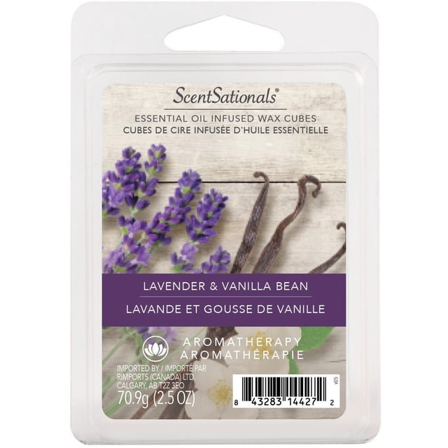 ScentSationals Scented Wax Cubes - Lavender & Vanilla Bean, six square essential oil infused wax melts in clear plastic clamshell packaging. The label features purple lavender flowers and vanilla bean pods on a light wood background with bilingual English and French text highlighting aromatherapy benefits and 70.9 g (2.5 oz) net weight. Suitable for use in electric wax warmers to release a soothing fragrance.
