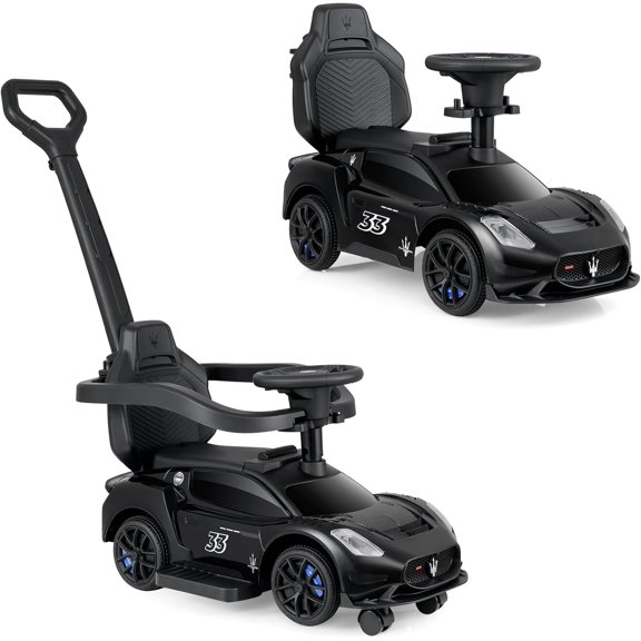 OLAKIDS Voiture Pousse-Pousse 3 en 1 pour Tout-Petits, Poussette pour Bébé Maserati sous Licence, Voiture Glissante et de Marche avec Poignée de Poussée, Klaxon, Musique, Rangement Inférieur, Jouet à Chevaucher à Propulsion par les Pieds pour Garçons et Filles