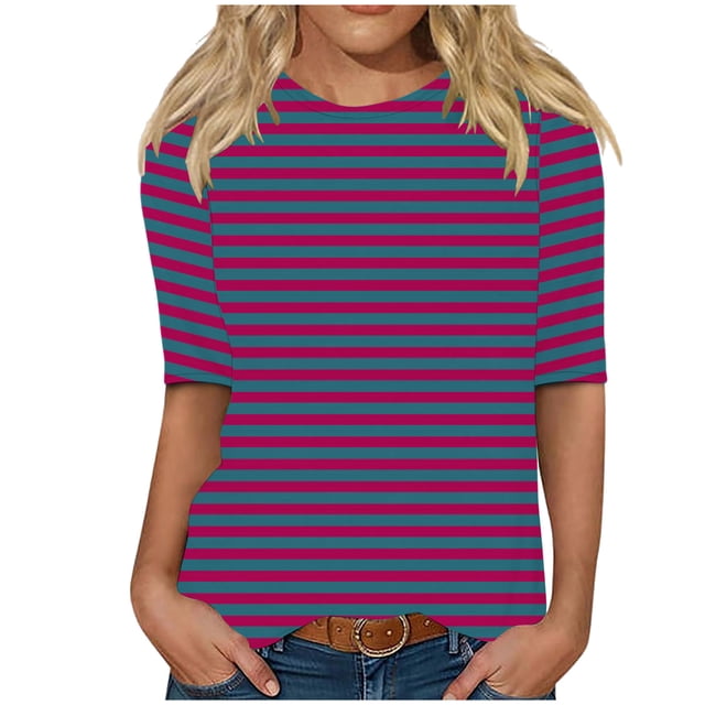 Enjoytime Blouses Grande Taille pour Femmes à Rayures Col Ras du Cou Manches Mi-Longues Chemises Décontractées Hauts de Travail de Bureau