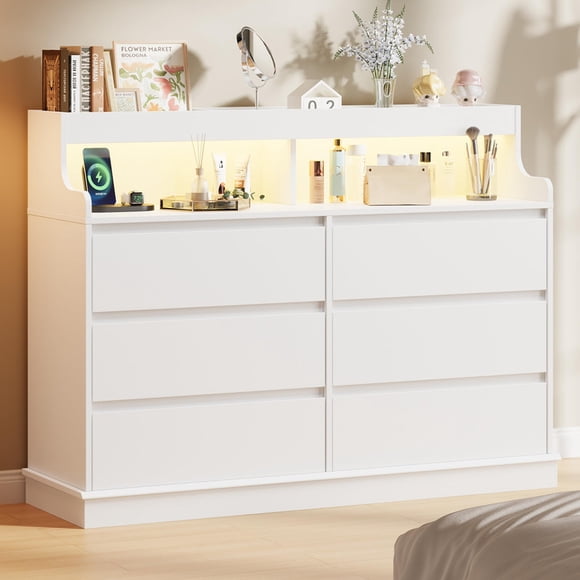 Commode à 6 Tiroirs avec Lumières DEL et Station de Recharge – Grand Coffre Moderne avec Espace Ouvert pour Chambre, Salon, Couloir