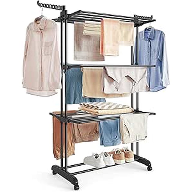 SONGMICS Clothes Drying Rack 4-Tier, foldable laundry airer, 173 cm tall, stainless steel in ink black. Features three top tiers, two rotating wings with 14 slots, and a bottom tier for shoes. Includes four castors, two with brakes, for easy mobility and stability. Ideal for indoor and outdoor use, accommodating up to 35 kg of laundry, including socks, towels, and blankets.