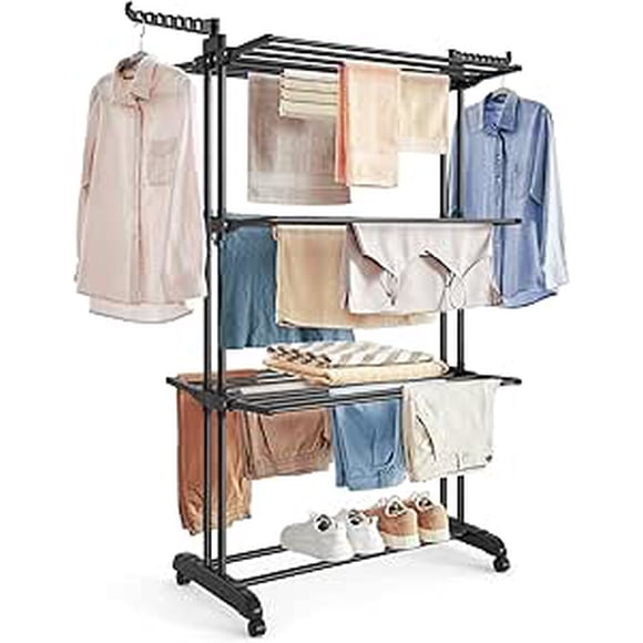 SONGMICS Clothes Drying Rack 4-Tier, Foldable Laundry Drying Rack 173 cm Tall, Stainless Steel, Rolling Clothes Horses, Laundry Airer, Indoor Outdoor Use, Ink Black