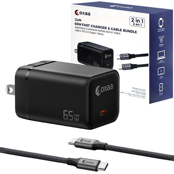 OXAA 65W USB C GaN Fast Charging Bundle-Includes Premium USB-C Cable, Compact Type-C Adapter, Compatible with iOS & Android Devices, Laptops & Tablets