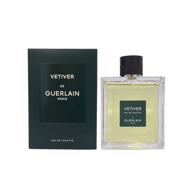 Vetiver de Guerlain 150 ml eau de Toilette pour Hommes, Présentant un Parfum Boisé Frais avec des notes d'Agrumes, de Muscade, de Poivre, de Vétiver, de Tabac et de Fève tonka. l'Image Montre la Bouteille Rectangulaire en Verre avec une Étiquette Verte et un Bouchon Noir, à Côté de Sa Boîte Verte Assortie.