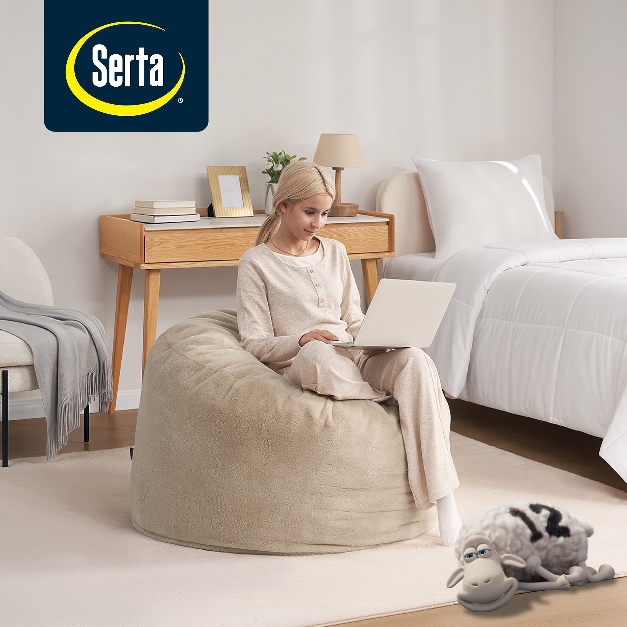 Pouf rond Serta Big Round Lounger rempli de mousse, couleur sable, 91 cm de profondeur x 51 cm de hauteur