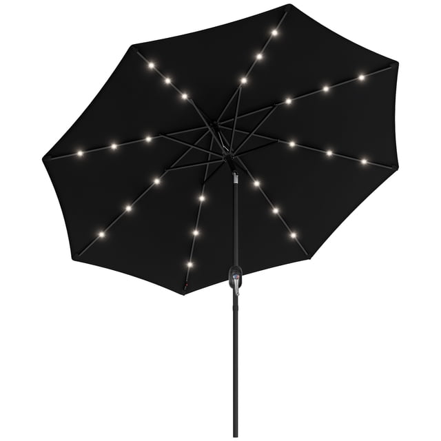 Outsunny 9ft Solar Patio Umbrella with LED Lights Tilt Canopy in black. Features a rust-resistant steel pole with 8 ribs supporting a 180gsm polyester canopy. The umbrella includes a square solar panel on top that powers LED lights along the ribs, providing illumination for nighttime use. It has a crank handle for easy raising and lowering, a push-button tilt system for adjustable shading angles, and an air-vented top for improved airflow. Suitable for outdoor settings like patios, gardens, and pools. Stand not included.