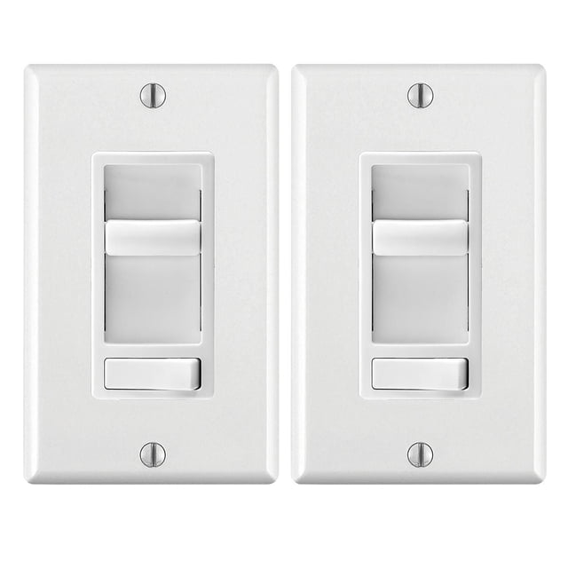 Decora SureSlide Universal Dimmer showing two white wall dimmer switches with integrated linear slide controls and separate on/off switches, compatible with dimmable LED, CFL, and incandescent lamps, mounted on slim white wall plates with visible screws for precise lighting control.