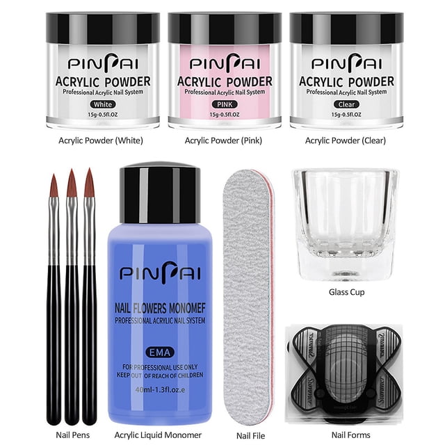Acrylic Nail Kit Acrylic Powder and Liquid Set including three 15g jars of acrylic powder (white, pink, clear), a 40ml acrylic liquid monomer, three nail brushes, a nail file, a glass cup, and 20 nail forms. Designed for acrylic nail extensions, carving, and nail art. Suitable for home or professional salon use.