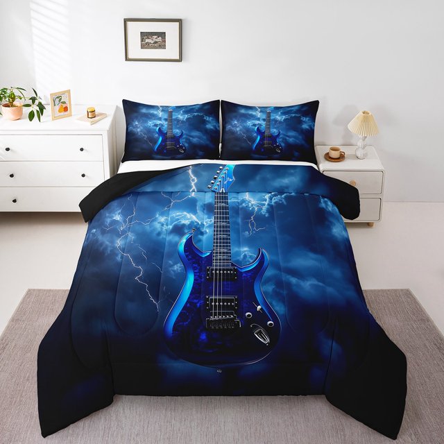 Erosebridal Ensembles de Couette Guitare Électrique Format Simple, Couettes et Duvets Thème Musique, Noir Bleu Marine, Réversible 2 Pcs