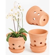 6 Inch Terracotta Orchid Pots with Holes and Saucers - 3 Pcs Small Clay Orchid Planter Pots for Repotting, Plant Flower Pots for Orchid Indoor and Outdoor Promotes Air Circulation