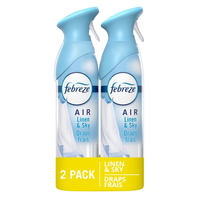 Febreze Air Freshener Spray, Odor-Fighting Room Spray, Linen & Sky Scent, two light blue spray bottles with white triggers side by side, labeled with a white sheet blowing in the breeze, packaged as a 2 pack with a yellow band showing Linen & Sky scent and Draps Frais text in English and French, suitable for freshening indoor air in various rooms.