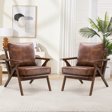Bonzy Home PU Leather Accent Chair Set of 2, Mid Century Modern Armchair with Cushions and Solid Wood Frame, Upholstered Accent Chairs for Living Room Bedroom Office Leisure Room, Brown