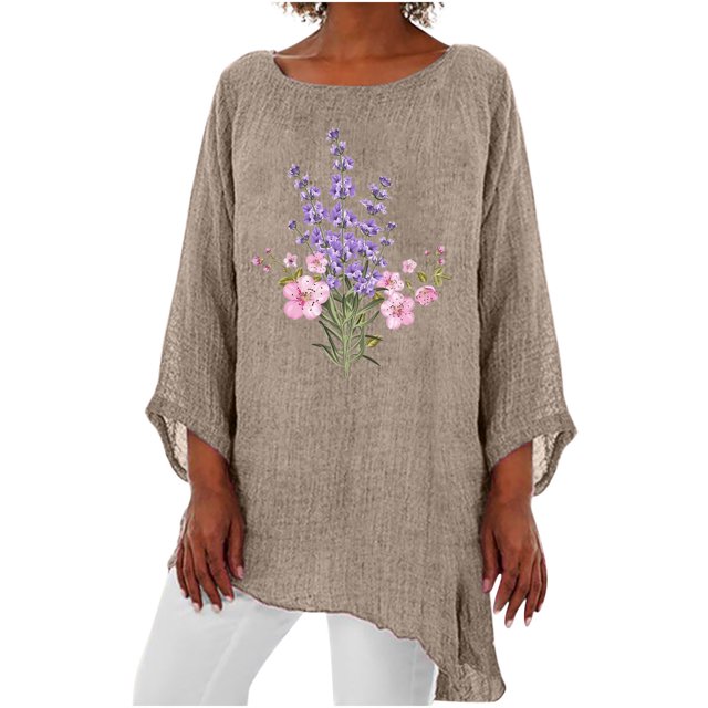 Birdeem Womens 3/4 Sleeve Round Neck Cotton Linen Shirt Personalized Print Tops Loose Irregular Hem Blouse