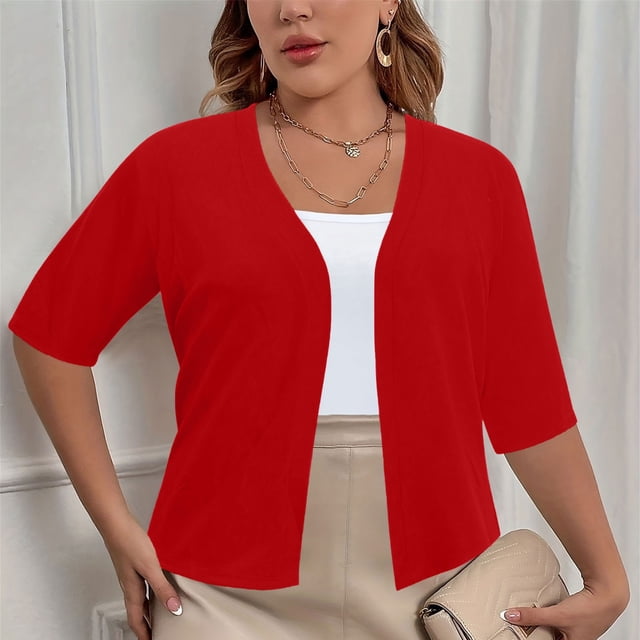 CFLVAEK Fall Cardigan Sweaters for Plus Size Women Casual Short Sleeve Open Front Shrugs Soft Solid Color Cropped Boleros Lightweight Cardigans Cover Ups Red XXXXL
