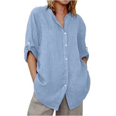 Lenpel Denim Button down Shirts for Women Lightweight 3/4 Length Sleeve Business Work Tops Loose Casual Tunic Blouses(Sky Blue,Small)
