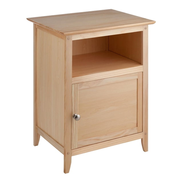 Henry Accent table in natural wood finish with a rectangular top, open shelf, and cabinet door with brushed metal knob, measuring 18.9 inches wide, 14.96 inches deep, and 25 inches high, suitable as a side or end table for living room or bedroom storage.