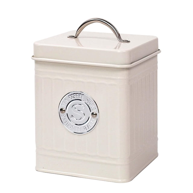 Tea Tin Canister Sugar Tea Storage Tea Storage Containers Canister Jar Container Style C. A durable, lidded carbon steel jar with a Nordic-style design in a neutral tone. Features an embossed circular emblem and a smooth, polished lid with a metal handle. Ideal for kitchen organization, storing tea, coffee, sugar, or snacks, and doubles as a decorative kitchen or dining table piece. Dimensions: 11.5cm x 11.5cm x 17cm.