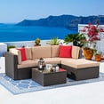 thumbnail image 1 of Vongrasig Ensemble de Mobilier de Patio 5 Pcs, Canapé Sectionnel d'Extérieur en Osier PE Brun Toutes Saisons, Petit Ensemble de Conversation pour Patio, Ensemble de Sofa de Jardin pour Patio avec Ottoman, Table en Verre, Coussin Rouge, Beige, 1 of 5