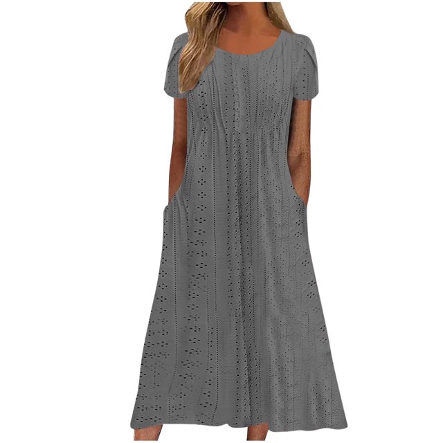Ovzne Robes d'Été pour Femmes 2025 Robe Femme Robe d'Été pour Femmes Aguichant Mode Couleur Unie Poche à Volants Manches Courtes Robe à Col Rond Robe de Printemps Manches Courtes Liquidation