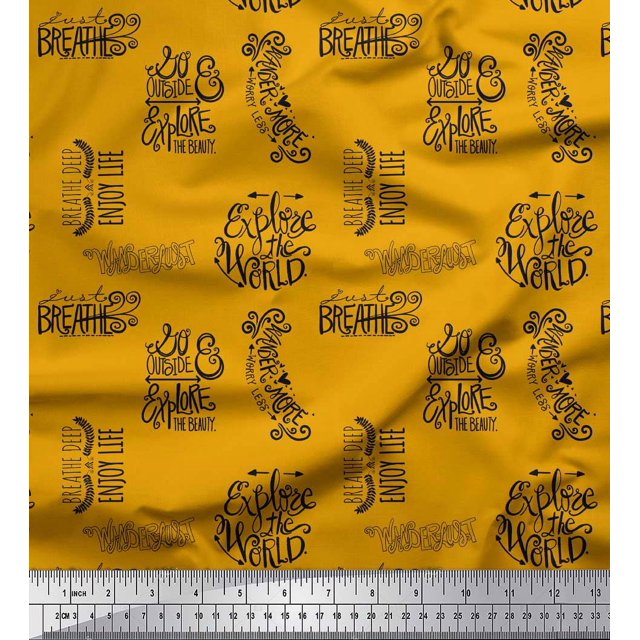 Soimoi Gold Silk Fabric Explore The World Text Print Sewing Fabric Yard 42 Inch Wide