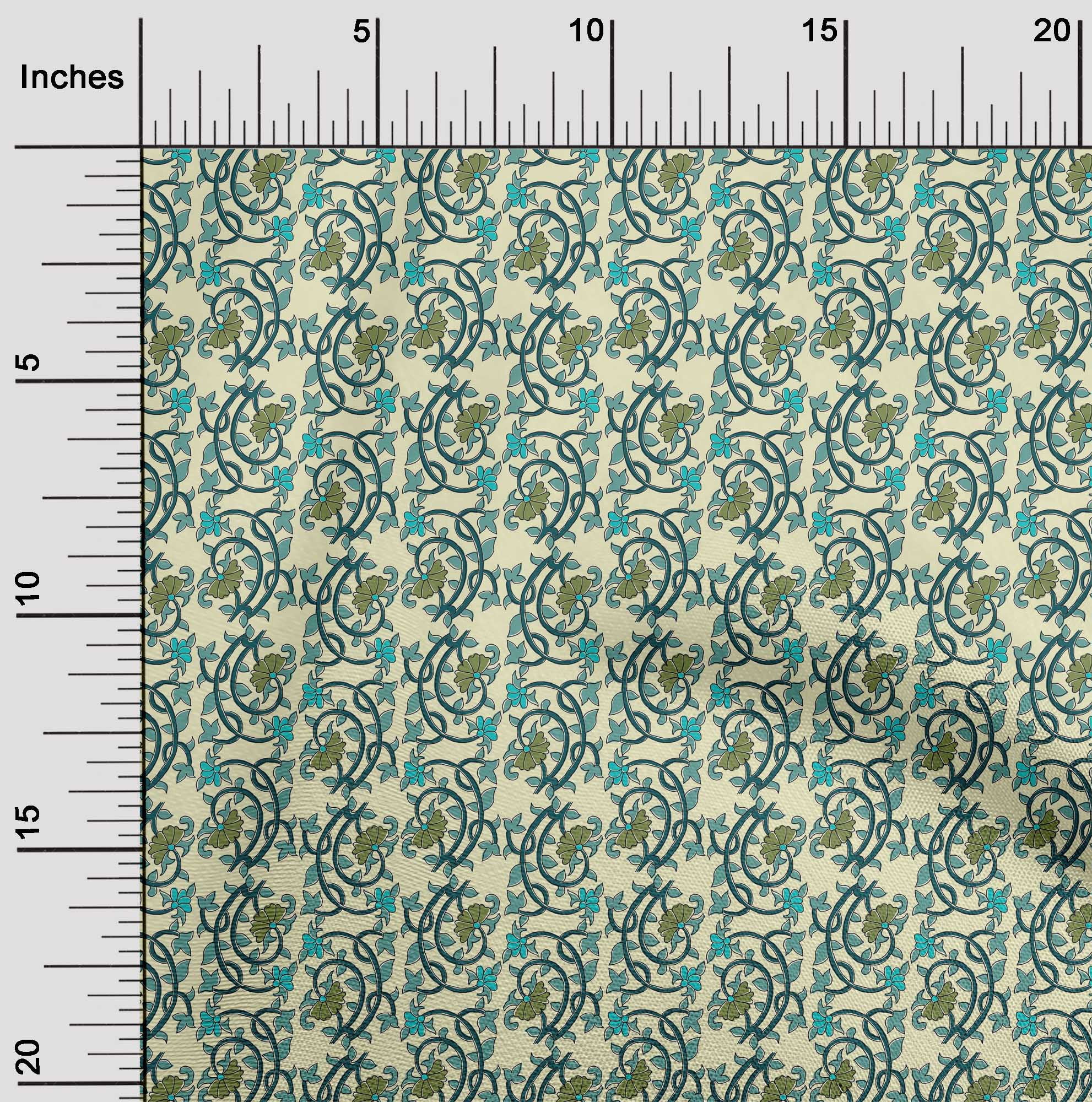 oneOone Cotton Poplin Fabric Leaves & Floral Block Printed Fabric 1 Yard 42 Inch Wide