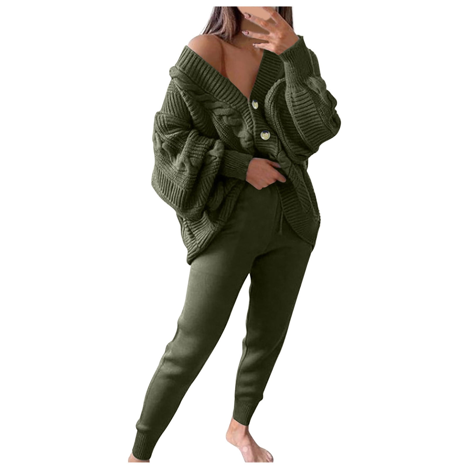 FAIWAD Ensembles 2 Pcs pour Femmes Cardigan en Tricot Torsadé à Manches Longues Chandail Extensible Pantalon Ajusté Ensembles de Détente