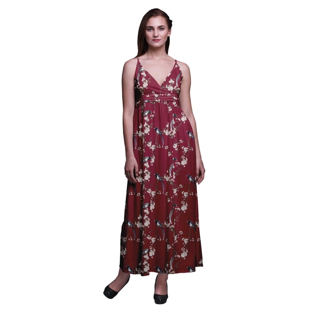 Bimba Bird Printed Adjustable Spaghetti Strap Long Maxi Dress Summer Beachwear-Small