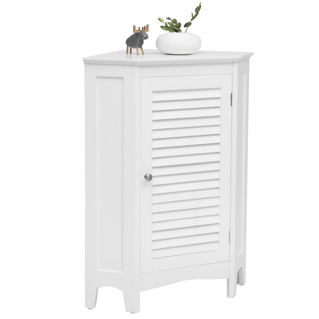 Gymax Corner Storage Cabinet Free Standing Bathroom Cabinet with a white MDF construction and shutter door design. Ideal for bathroom storage, it features a triangular structure for corner placement, adjustable interior shelf with five height options, and an anti-tipping device for safety. The cabinet includes an open top space for decorative items and a silver knob for added elegance.