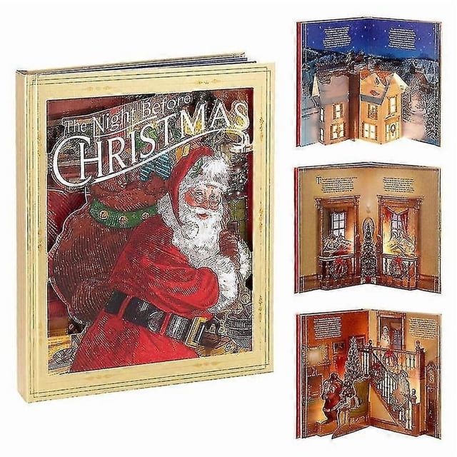 3d The Night Before Christmas Pop-Up Book with light and sound featuring a festive cover illustration of Santa Claus carrying a sack of gifts. This interactive Christmas book includes detailed pop-up scenes of holiday settings, such as a decorated house and a Christmas tree, enhanced with lighting and music. Made of multicoloured paper, it measures 32 x 22 x 3 cm and weighs 550 g. Ideal as a baby memory book or a holiday gift.