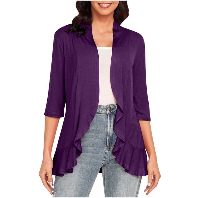 Hauts à Manches 3/4 pour Femmes Mode Décontractée Confortable Cardigan Couleur Unie Blouse Cardigan à Manches 3/4 pour Femmes Blouses et Hauts Mode Hauts pour Femmes Manches 3/4