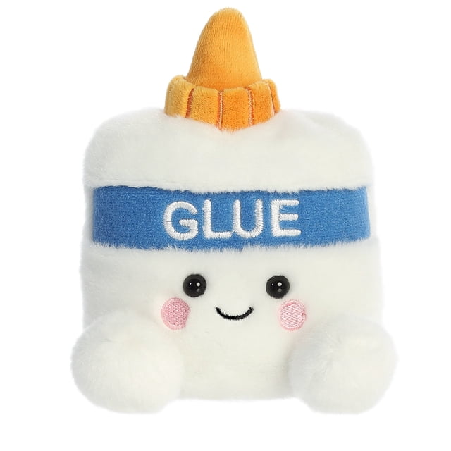 Aurora Palm Pals - Gooey Glue 5-inch plush toy featuring a fluffy, white glue bottle design with a friendly embroidered face, pink cheeks, and a bright blue label reading 'GLUE' in bold letters. The top is styled as an orange glue cap. Made from soft, high-quality materials and filled with bean pellets for stability, this plush is part of the #palmpalsparty collection.