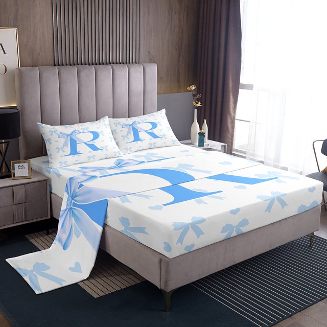 Erosebridal Initial R Letter Sheet Set Full, Blue Ribbon Full Sheet Sets, Chic Monogrammed Bedding Sets Full Size, Super Cozy Bedroom Decor, 4pcs