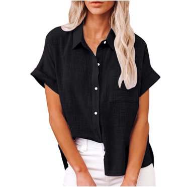 lcziwo Linen Shirts Ladies,Womens Button Down Cotton Linen Shirts V Neck Roll Up Short Sleeve Blouses Loose Collared Shirt Summer Casual Work Tops Black,M