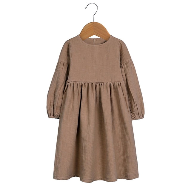 RXIRUCGD Robe Princesse à Manches Longues Unie pour Fille, Col Rond, Jupe à Nœud Princesse, Café, Taille : 3 Ans