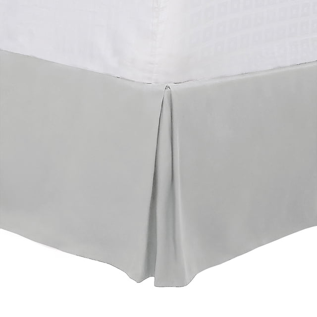 Unique Bargains Brushed Pleated Bed Skirt with a 16-inch drop, shown in a light gray solid color. Made from 100% microfiber polyester, it features a tailored design with pleats for a classic look. Suitable for queen-size beds, it conceals box springs and under-bed storage. Easy to install with an elastic band and machine washable for convenience.