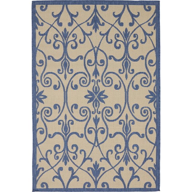 Unique Loom Botanical Collection Ornate, Floral, Border, Victorian, Indoor and Outdoor Area Rug, 4 x 6 ft, Blue/Beige