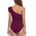 thumbnail image 4 of Ruffled Bathing Suits, Pure Color One Piece Swimsuit One Shoulder Asymmetric  For Women For Vacation Wine Red M, 4 of 6