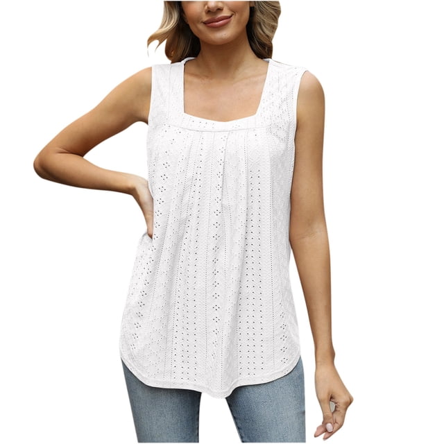 Dealovy Womens Eyelet Tank Tosps Summer Loose Square Neck Sleeveless Loose Beach Flowy Tunic Tops