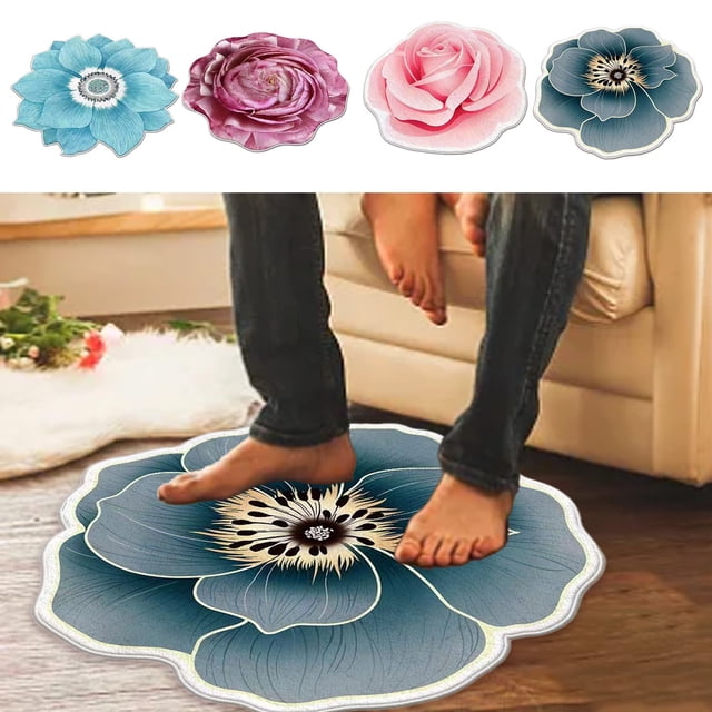 Washable Flower Carpet for Living Room and Bedroom - Non-Slip, Absorbent Area Rug in Red, Pink, Light Blue, Navy