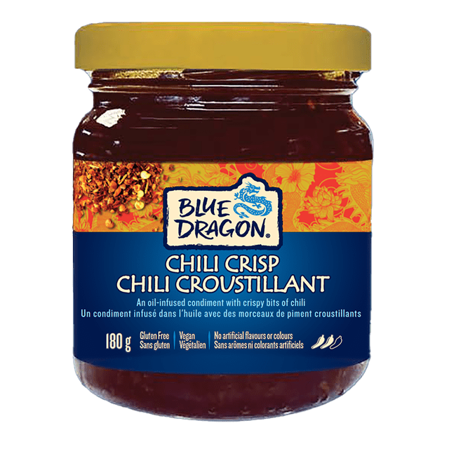 Blue Dragon Condiment Croustillant au Chili, Pot de 180 g avec Couvercle Jaune et Étiquette Bleu-Orange Mettant en Vedette le logo Blue Dragon, Contenant un Condiment Infusé d'Huile avec des Morceaux Croquants de Chili, d'Oignon et d'Ail, Sans gluten, Végétalien et Sans Arômes Ni Colorants Artificiels, Convient pour Rehausser les Sautés et les marinades.