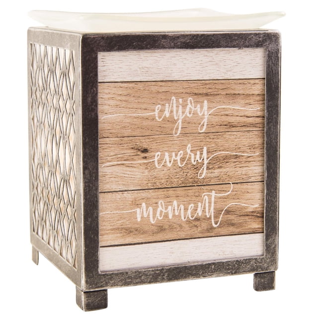 ScentSationals Full Size Warmer - Moments with a rustic metal frame and wooden front panel reading 'enjoy every moment' in white script, topped with a white ceramic dish for wax melts, suitable for home fragrance and adding warm ambiance.