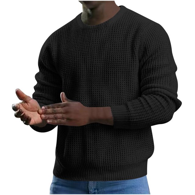 Chandail Tricoté à Manches Longues pour Femmes Chandail à Col Rond pour Hommes Chandail à Enfiler Gaufré Texturé Chandails Tricotés à Manches Longues Chandails à Enfiler d'Automne pour Femmes P-8 Noir m