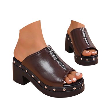 Summer Platform Sandals Chunky High Heel Slide Beach Flip Flops PU Upper Casual Comfort Wide Width Women Shoes