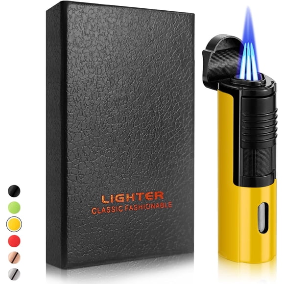 Torch Lighter Triple Jet Flame Refillable Butane Windproof Lighter with Folding Punch (Without Gas) (Yellow)
