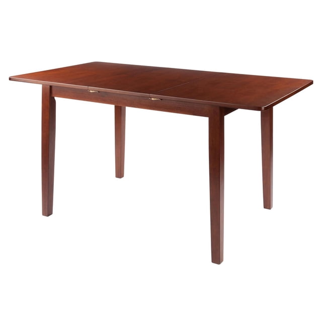 Darren Dining Table Walnut Finish with a rectangular solid wood tabletop in warm walnut colour, featuring a self-storing butterfly leaf extension that opens to nearly 57 inches wide, sturdy square legs, and bronze-finished hardware, ideal for kitchen and dining furniture.