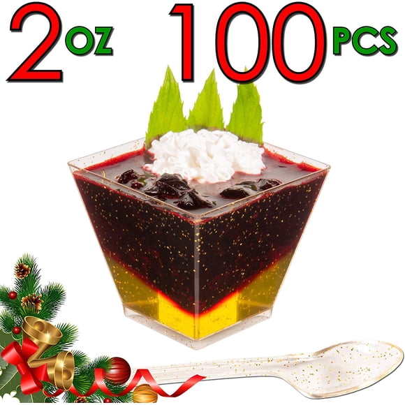 100 x 2 oz Gold Glitter Square Mini Dessert Cups with Spoons, Appetizer Cups