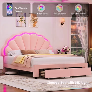 Homfa Queen Size Bed Frame with LED Lights & Storage Drawers, Upholstered Platform Bed with Adjustable Petal Headboard, Pink Velvet