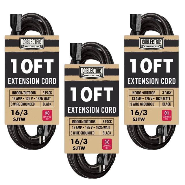 Cablectric Lot de 3 Rallonges Noires Étanches 10 Pi, 16/3 SJTW Rallonge Extérieure 10 Pieds à 3 Broches, Câble d'Alimentation Extérieur Robuste 13 A, Paquet Multiple Idéal pour l'Extérieur, l'Aménagement Paysager et la Pelouse