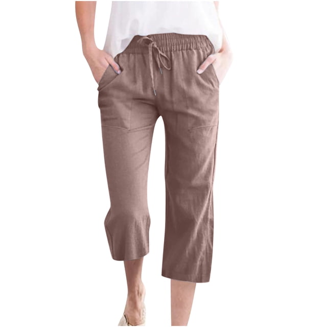 Wide Leg Pnats for Women Plus Size Casual Solid Color Comfy Mid Rise Pants for Women Fashion Loose Fit Daily Drawstring Linen And Cotton Lightweight Party Vacation Beach Pants with Pocket(Brown,S)