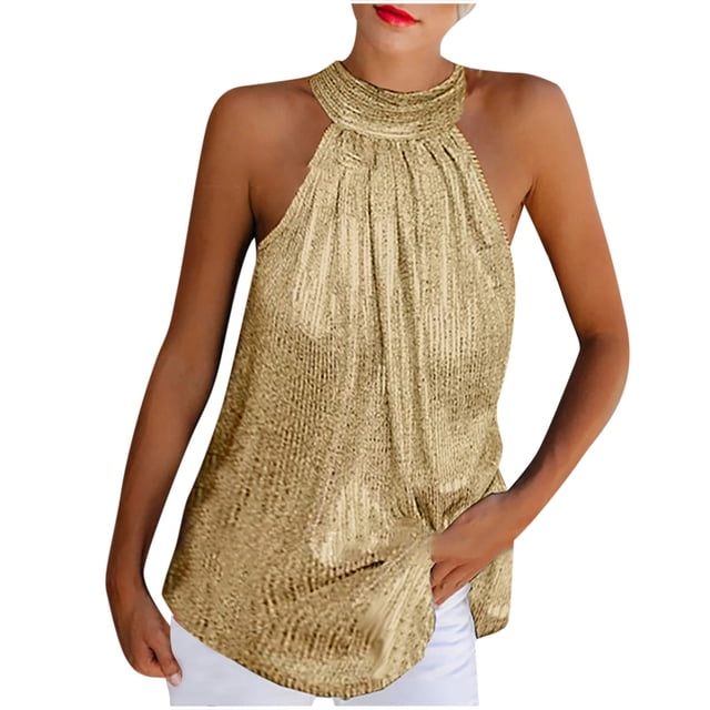 Pompotops Débardeur Femme Été Uni à Paillettes Sans Manches Décontracté à Col Licou